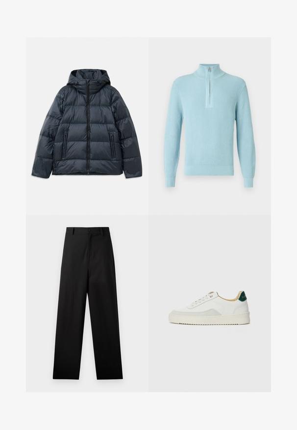 Mørkeblå pufferjakke med hætte, kviltet design, frontlynlås og to lynlåslommer på siden; glat, blank overflade.; Lyseblå ribstrikket sweater med høj hals, halv lynlås, lange ærmer og en tætsiddende kant, lavet af blødt, tekstureret stof.; Sorte bukser lavet af bomuld med lige ben-design, der har en frontknaplukning og sidelommer. Glat tekstur, ingen mønstre.; Hvide sneakers med ruskindsdetaljer, rund tå, flade snørebånd og en cremet gummisål. Har grøn branding på hælen.