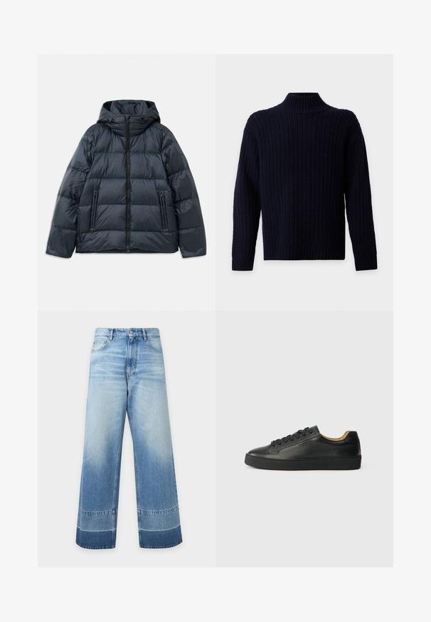 Veste rembourrée bleu marine foncé avec capuche, design matelassé, fermeture éclair sur le devant et deux poches latérales zippées ; texture lisse et brillante.; Pull tricoté bleu marine avec col montant côtelé, manches longues et motif texturé sur fond uni.; Jean en denim bleu clair à coupe large avec des détails délavés et des blocs de couleur plus foncés près de l'ourlet, bouton devant et poches visibles.; Baskets basses en cuir noir avec surface texturée, lacets noirs et semelle en caoutchouc épaisse, présentées de côté sur un fond clair.