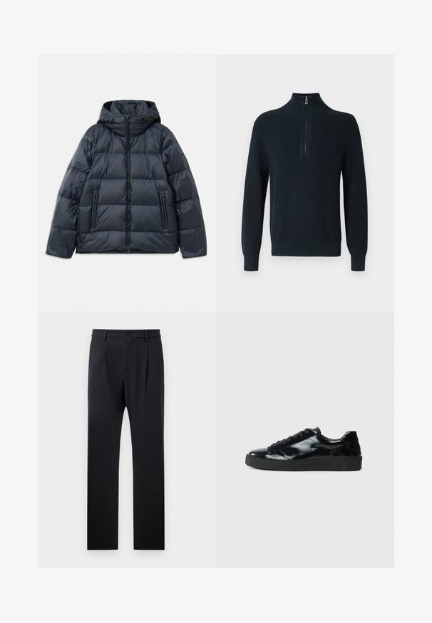 Veste rembourrée bleu marine foncé avec capuche, design matelassé, fermeture éclair sur le devant et deux poches latérales zippées ; texture lisse et brillante.; Pull-over en maille côtelée bleu marine foncé avec col montant zippé et manches longues. Comprend des poignets et un ourlet ajustés pour un ajustement près du corps.; Pantalon noir à coupe ajustée, avec une texture lisse, des jambes droites et une fermeture à bouton unique à la taille.; Baskets en cuir verni noir avec un bout arrondi, un laçage, une semelle en caoutchouc texturé et une finition lisse.