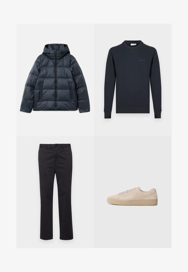 Mørkeblå pufferjakke med hætte, kviltet design, frontlynlås og to lynlåslommer på siden; glat, blank overflade.; Marineblå crewneck-sweatshirt lavet af bomuld. Har ribstrikkede manchetter og kant, med teksten "TIGER OF SWEDEN" i blå på brystet.; Sorte bomuldsbukser med lige ben-design, der har en knaplukning og bæltestropper. Glat tekstur, ingen synlige mønstre eller accenter.; Beige ruskinds sneaker med en rund tå, flade snørebånd og en tekstureret gummisål. Minimalistisk design med glatte kanter og diskret syning.