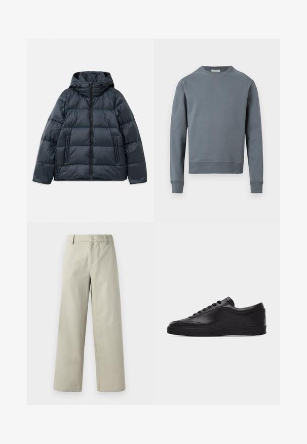 Mørkeblå pufferjakke med hætte, kviltet design, frontlynlås og to lynlåslommer på siden; glat, blank overflade.; Herres langærmede sweatshirt med rund hals i dæmpet blågrå med ribbet manchetter og kant, lille mærkelogo midt på brystet.; Han Kjøbenhavn WIDE LEG - Bukser - light grey; Sort lavtstående lædersneaker med snørebånd foran og flad gummisål, vist fra siden på en ensartet hvid baggrund.