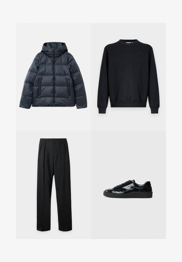 Veste rembourrée bleu marine foncé avec capuche, design matelassé, fermeture éclair sur le devant et deux poches latérales zippées ; texture lisse et brillante.; Sweat-shirt noir en mélange de coton. Col rond, manches longues, poignets et ourlet côtelés. Détail subtil du logo sur la poitrine.; Pantalon noir taille haute, sur-mesure, avec passants pour ceinture, plis sur le devant, fermeture par bouton et jambes droites larges sur fond clair.; Baskets en cuir verni noir avec un bout arrondi, un laçage, une semelle en caoutchouc texturé et une finition lisse.