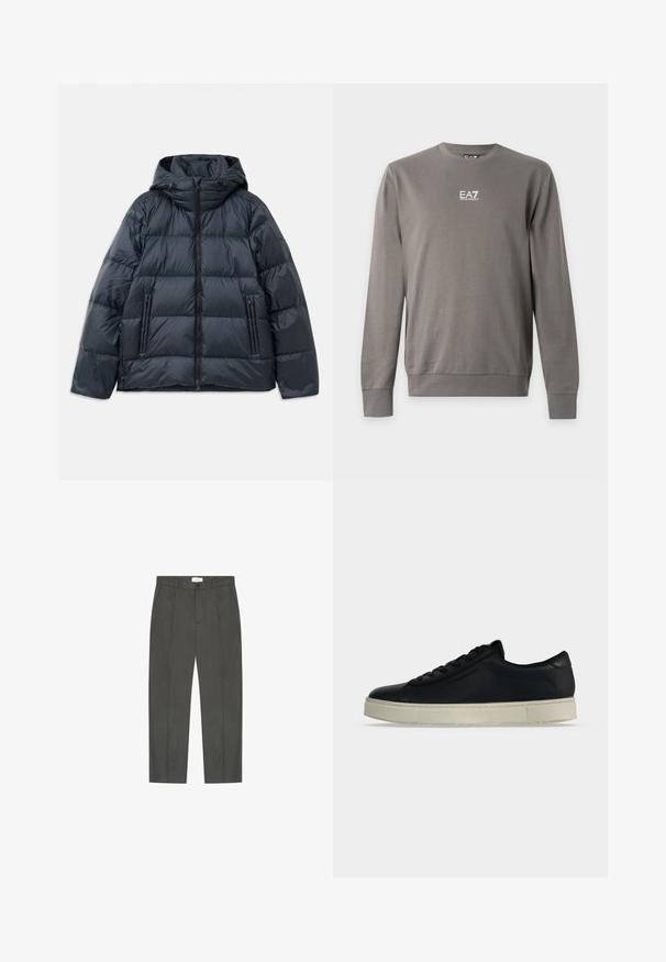 Veste rembourrée bleu marine foncé avec capuche, design matelassé, fermeture éclair sur le devant et deux poches latérales zippées ; texture lisse et brillante.; Sweat-shirt gris à manches longues avec col rond et logo EA7 Emporio Armani blanc sur la poitrine, poignets et ourlet côtelés.; Pantalon gris foncé sur mesure avec plis à l'avant, passants pour ceinture, poches latérales et fermeture par bouton et fermeture éclair.; Baskets basses noires à lacets avec semelle épaisse en caoutchouc blanc cassé vues de côté sur fond uni.