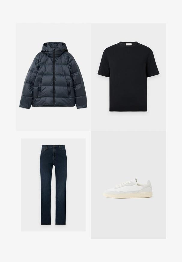 Dunkelblau gefütterte Jacke mit Kapuze, gestepptem Design, vorderem Reißverschluss und zwei seitlichen Reißverschlusstaschen; glatte, glänzende Textur.; Schwarzes Kurzarm-T-Shirt mit Rundhalsausschnitt, geripptem Saum und Bündchen, schlichtes Design, vor weißem Hintergrund dargestellt.; Dunkelblaue Jeans mit geradem Bein, vorne mit Knopf- und Reißverschluss, Gürtelschlaufen und Vordertaschen vor einfarbigem Hintergrund.; Weißer Sneaker mit strukturiertem Obermaterial aus Wildleder und Leder. Verfügt über eine runde Zehenpartie, Schnürverschluss und eine kontrastierende beige Gummisohle.