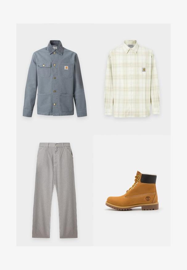 Grå arbejdsskjortejakke med fire forlommer, én klaplomme med knap, Carhartt-logo patch på brystlommen og ribkrave.; Lysfarvet ternet skjorte med lange ærmer, knaplukning foran og en brystlomme med et logo-patch. Fremstillet i bomulds materiale med en blød tekstur.; Herrebukser med lodrette sorte og hvide nålestriber, forlukning med knap foran, bæltestropper og sidelommer.; Brune læder ankelstøvle med metaløjer, hvid pelsforing, sort polstret krave, robust sål og præget logo på siden.