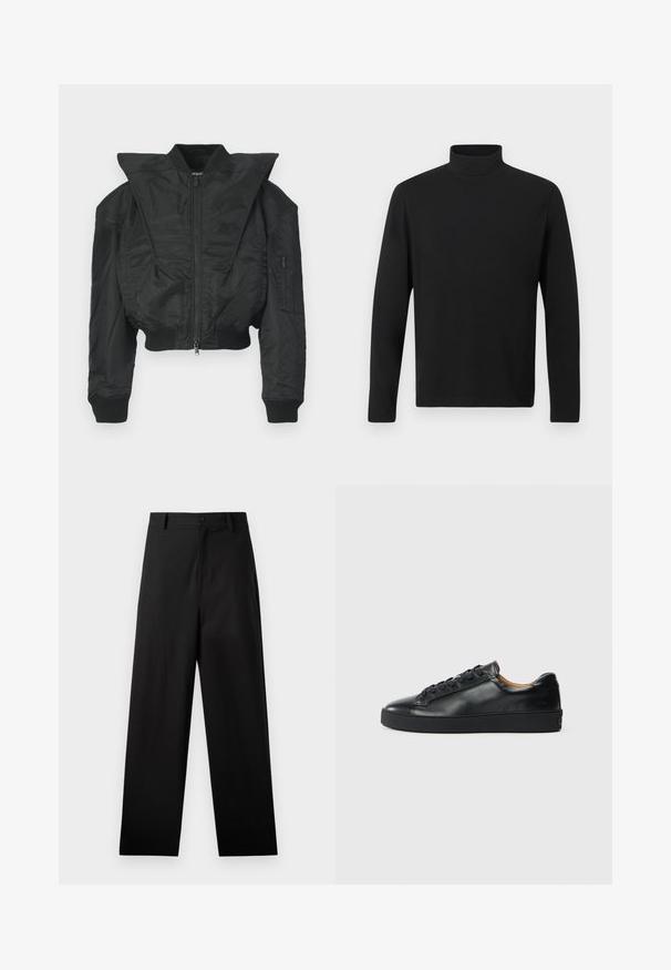 Sort bomberjakke med cropped design, bred krave, ribbet manchetter og lynlåslomme på siden. Fremstillet af glat, let stof.; Sort turtleneck skjorte lavet af glat stof. Har lange ærmer og en høj krave. Enkel design uden yderligere mønstre eller accenter.; Sorte bukser lavet af bomuld med lige ben-design, der har en frontknaplukning og sidelommer. Glat tekstur, ingen mønstre.; Sorte lædersneakers med en glat overflade, rund tå og snørebåndslukning. Har en tyk gummisål og minimal branddetalje.