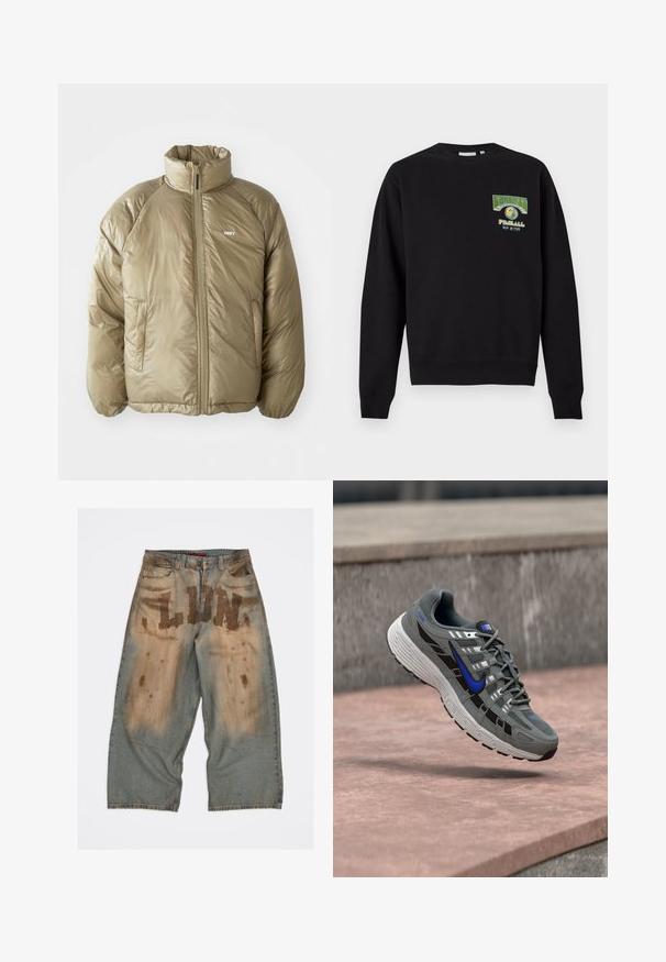 Lystebrun polstret jakke med høj krave, frontlynlås, sidelommer og lille hvid "OBEY" logo på venstre bryst.; Sort sweatshirt med lange ærmer med et lille farverigt patch på venstre bryst med teksten "Carhartt WIP Pinball 1989."; Lyseblå denim bukser med stort "LUN" bogstavtryk, med en slidt tekstur og brune pletter foran, løs pasform og frynsede kanter.; Grå og sort Nike løbesko med blå swoosh og hvid sål, svævende over en stenovertflade.