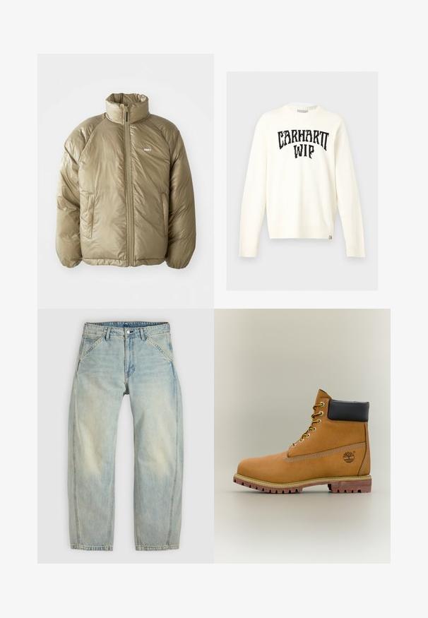 Lystebrun polstret jakke med høj krave, frontlynlås, sidelommer og lille hvid "OBEY" logo på venstre bryst.; Off-white langærmet crewneck sweater med sort "CARHARTT WIP" tekst tværs over brystet og et lille mærke nederst på kanten.; Lys blå jeans med vide ben lavet af denim. Har fem lommer, en knaplukning og falmede områder for et brugt udseende.; Brun læderankelstøvle med sort krave, gule snørebånd og tanfarvet sål. Har logo og hvide syninger som detalje. Robust ydersål med greb.