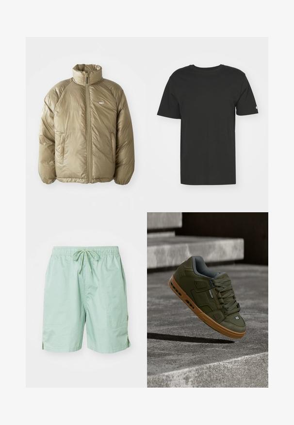 Lystebrun polstret jakke med høj krave, frontlynlås, sidelommer og lille hvid "OBEY" logo på venstre bryst.; Sort T-shirt lavet af blød bomuld, med korte ærmer og rund hals. Enkel design med et lille logo på venstre ærme.; Lysgrønne svømshorts lavet af glat stof, med elastisk talje og snøre, sidelommer og kort længde.; Grønne og brune skatesko med tykke snørebånd svæver over betontrin og kaster en skygge nedenunder.