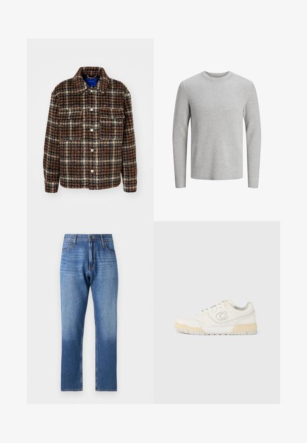 Geruit jasje in bruin, crème en marineblauw. Gemaakt van een textiele stof met een kraag, knoopsluiting en twee borstzakken.; Grijze geribbelde trui van breigoed met lange mouwen en een ronde hals. Heeft een zachte textuur en een getailleerde pasvorm. Geen zichtbare logo's of patronen.; Blauwe denim jeans met een geleidelijke verlichtingsffect naar de zoom toe, rechte pijpdesign, vijf zakken en metalen knoopsluiting.; Witte leren sneaker met beige zool, ronde neus, vetersluiting aan de voorkant en logodetail aan de zijkant. Voorzien van een gewatteerde kraag voor comfort.