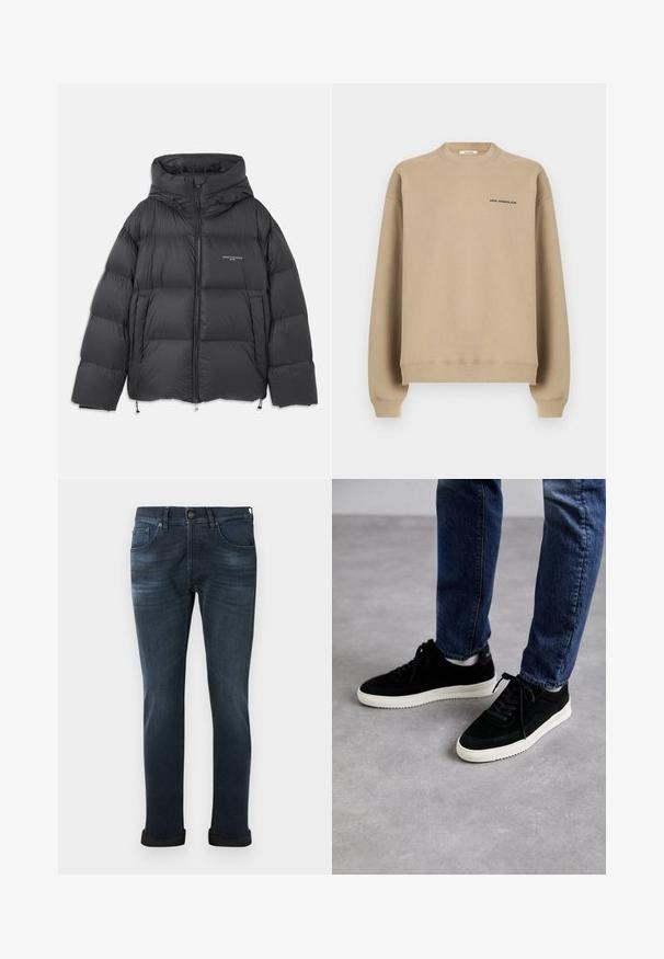 Chaqueta de plumas negra con cuello alto y capucha, diseño acolchado, cremallera frontal y cordones ajustables en el dobladillo y la capucha.; Sudadera beige de cuello redondo con mangas largas y pequeño logo "HOLZWEILER" en el pecho izquierdo.; Vaqueros de mezclilla oscura de corte slim. Cuentan con cinco bolsillos, cremallera y un dobladillo en la parte inferior. Textura suave con un ligero desvanecimiento.; Zapatillas de ante negras con suela de goma blanca, que presentan un diseño clásico de corte bajo, puntera redondeada y cordones planos negros.