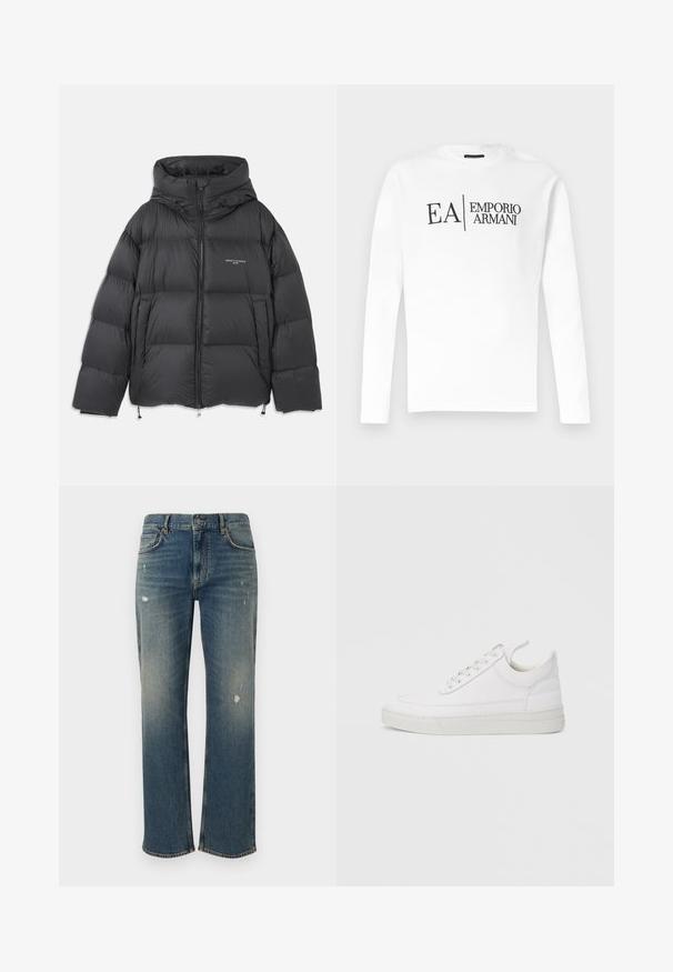 Zwarte pufferjack met een hoge kraag en capuchon, gequilt ontwerp, voorzijde met rits en verstelbare koordjes aan de onderkant en capuchon.; Witte lange mouwen shirt met ronde hals en zwart "EA | Emporio Armani" logo gecentreerd op de borst, weergegeven tegen een effen achtergrond.; Spijkerbroeken in medium blauw met een rechte snit, met lichte vervaging en versleten stukken. Klassiek vijf-pocket ontwerp en sluiting met bovenste knoop.; Witte leren sneaker met een afgeronde neus, platte zool en veters aan de voorkant. Voorzien van stikseldetails en een gevoerde kraag voor comfort.