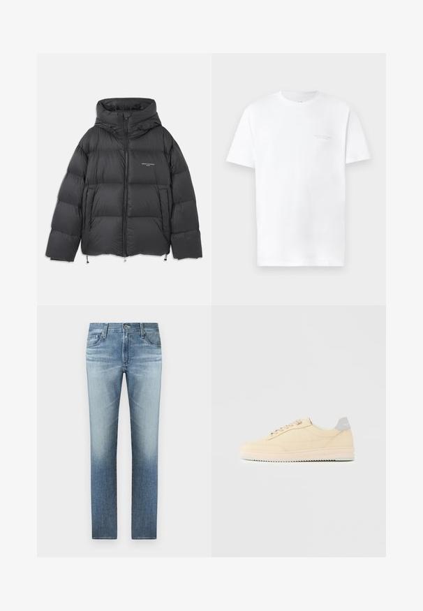 Chaqueta de plumas negra con cuello alto y capucha, diseño acolchado, cremallera frontal y cordones ajustables en el dobladillo y la capucha.; Camiseta de algodón blanca con mangas cortas, cuello redondo, con un sutil estampado de logo gris en la zona del pecho izquierdo y una textura suave.; Vaqueros de mezclilla azul claro con un diseño de pierna recta, que cuentan con un lavado desgastado, cinco bolsillos y un cierre de cremallera con botón de metal.; Zapatilla deportiva beige de corte bajo con cierre de cordones en la parte delantera, suela rosa claro y lengüeta trasera gris con la marca "Filling Pieces", mostrada de perfil sobre un fondo liso.