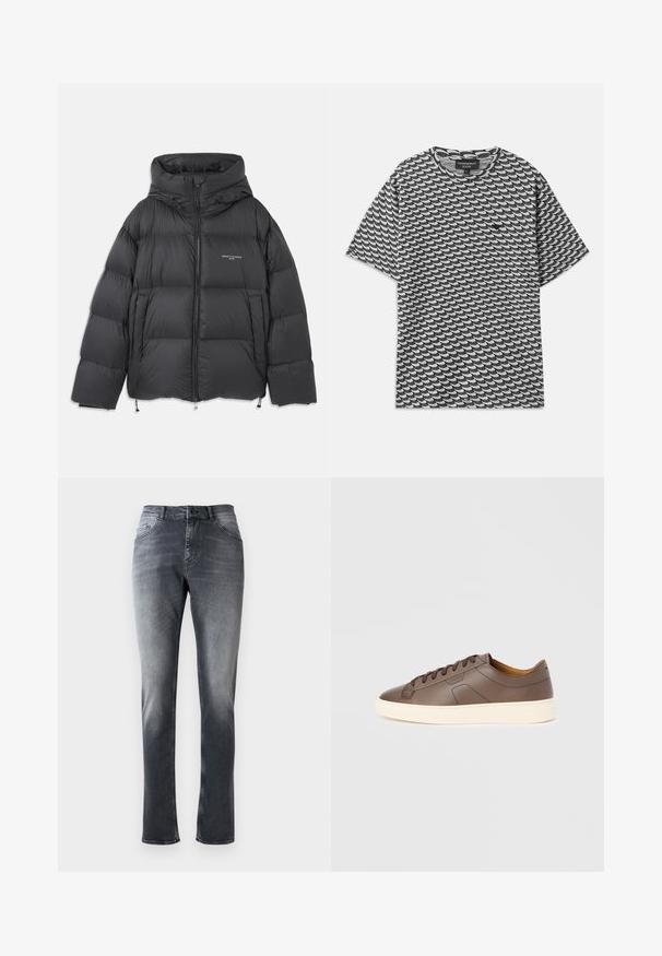 Schwarze Pufferjacke mit hohem Kragen und Kapuze, gestepptem Design, Frontreißverschluss und verstellbaren Kordeln am Saum und an der Kapuze.; Schwarz-weißer T-Shirt mit kurzen Ärmeln, das ein Wellenmuster zeigt, Rundhalsausschnitt und einen lockeren Schnitt hat. Hergestellt aus weichem Baumwollstoff.; Dunkelgraue Denim-Jeans mit geradem Bein, Vorderknopfverschluss, Gürtelschlaufen und dezentem Verblassen des Stoffes.; Brauner Ledersneaker mit glatter Textur, kontrastierender cremefarbener Sohle, rundem Zehenbereich und dunkelbraunen Schnürsenkeln; mit dezentem, geprägtem Logo.