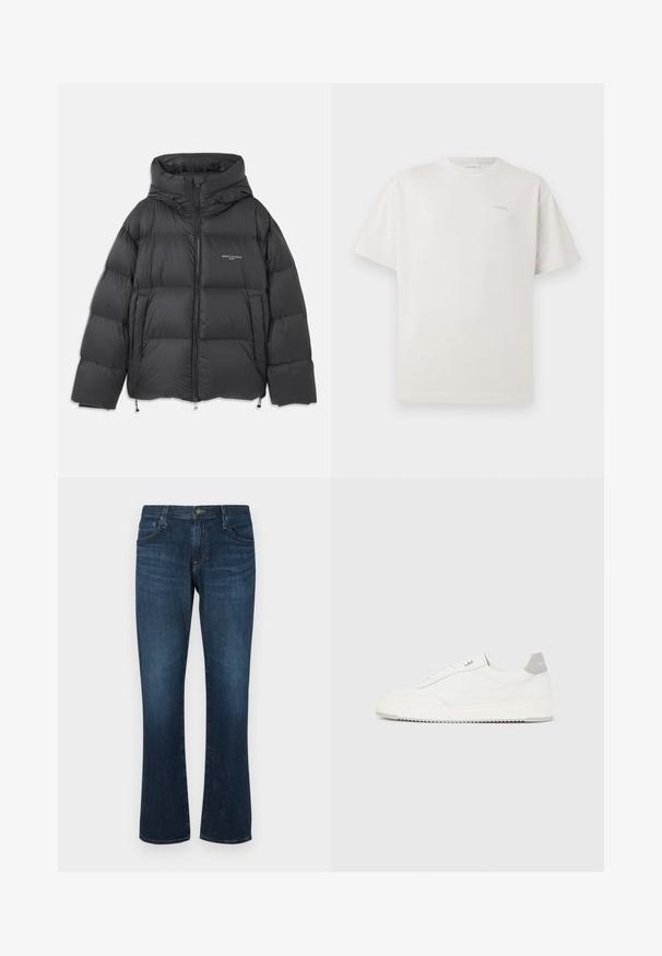 Zwarte pufferjack met een hoge kraag en capuchon, gequilt ontwerp, voorzijde met rits en verstelbare koordjes aan de onderkant en capuchon.; CLOSED LOGO - T-shirt basic - blush pink; Donkerblauwe denim jeans met een rechte pijp, vijf zakken en een metalen knoopsluiting. Glad materiaal met subtiele vervaging.; Witte lage sneaker met grijze hielpatch, witte veters en een gestructureerde zool, gepresenteerd op een effen lichte achtergrond.