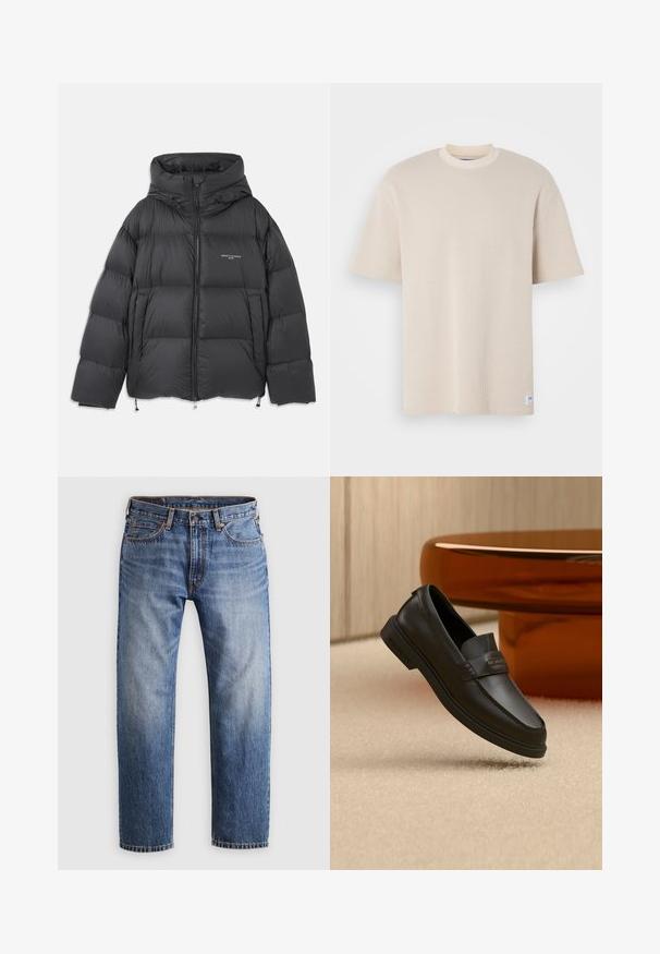 Schwarze Pufferjacke mit hohem Kragen und Kapuze, gestepptem Design, Frontreißverschluss und verstellbaren Kordeln am Saum und an der Kapuze.; Beige geripptes T-Shirt mit rundem Halsausschnitt und kurzen Ärmeln, versehen mit einem sichtbaren Markenlabel in der unteren linken Ecke.; Gerade geschnittene blaue Denim-Jeans mit Knopf- und Reißverschluss, fünf Taschen und orangefarbener Naht auf einem hellgrauen Hintergrund.; Schwarzer Leder-Schlupfschuh mit gesteppten Akzenten, erhöhtem Schaft und flacher Gummisohle, auf einer weichen beigen Oberfläche platziert.