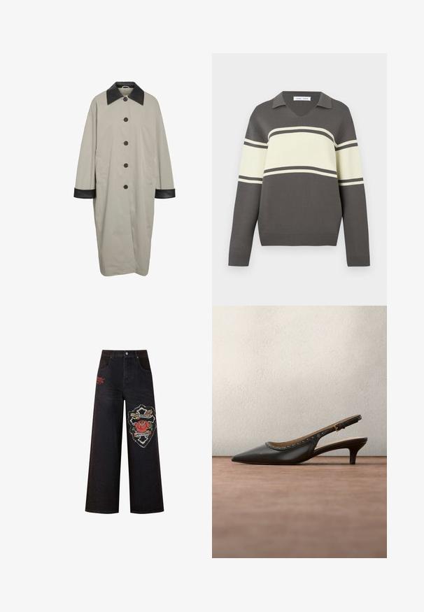 Lang beige frakke med sort læderkrave og manchetter, fem sorte knapper foran og sidelommer.; Langærmet grå sweatshirt med brede cremefarvede og smalle mørke grå horisontale striber samt en V-hals.; Sorte brede jeans med broderet rød rosepatch og teksten "I MINDEN OM HVORNÅR JEG BEKYMRDE MIG." Funktioner klassisk fem-lomme design og bæltestropper.; Sort læder slingback-sko med spids tå, gyldne nitteaccents langs kanten og en beskeden hæl. Glat tekstur og slankt design.