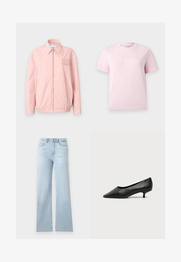 Veste zippée rose clair avec col, manches longues, deux poches latérales et petit logo patch sur la poitrine gauche.; T-shirt rose clair à manches courtes et col rond avec un logo "Calvin Klein" en relief subtil centré sur la poitrine.; Jean bleu clair taille haute avec fermeture par bouton et zip, poches avant et arrière, et jambes droites sur fond blanc uni.; Escarpin femme en cuir noir à petit talon, bout pointu et petit talon kitten sur fond clair uni.