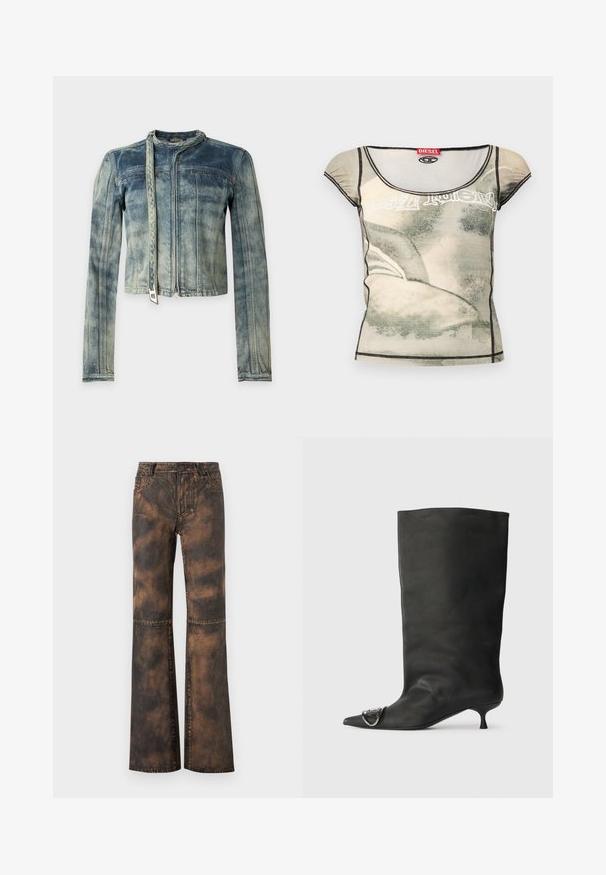Veste en denim bleu délavé à manches longues, fermeture éclair devant et ceinture attachée autour du cou, sur un fond uni.; Haut ajusté pour femmes à manches courtes avec imprimé abstrait beige et gris, bordure noire, et étiquette de marque Diesel rouge au niveau de l'encolure.; Pantalon évasé en denim marron avec une finition délavée et texturée. Il dispose de cinq poches, passants de ceinture et d'une fermeture par bouton. Coutures plates et jambes larges.; Bottines en cuir noir à bout pointu, petite talon et détail métallique sur le bout. Texture lisse et mate partout.
