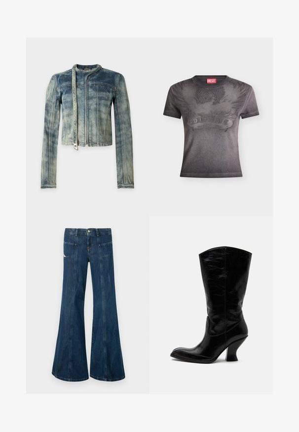 Veste en denim bleu délavé à manches longues, fermeture éclair devant et ceinture attachée autour du cou, sur un fond uni.; T-shirt noir Diesel à manches courtes avec un motif en relief d'aigle et de flammes ainsi qu'une étiquette rouge avec le logo Diesel au niveau du col.; Jean en denim bleu foncé à jambes larges avec poches plaquées à l'avant et coutures contrastantes, fermeture par boutons, et légère décoloration.; Botte en cuir noire mi-mollet avec un talon bloc courbé et un bout légèrement pointu, montrant une texture froissée et des détails de couture.