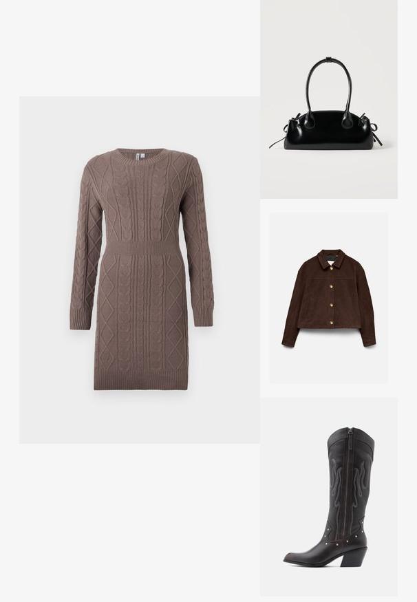 Chaqueta de ante marrón oscuro con mangas largas, cuello clásico, botones dorados delanteros y bolsillos laterales sobre un fondo claro.; Vestido de punto de cable en un color marrón suave, con escote redondo, mangas largas, puños acanalados y cintura ajustada.; Botas de cowboy de cuero marrón con costuras en forma de llama, cremallera lateral, tachuelas plateadas, punta puntiaguda y tacón apilado.; Pequeño bolso negro brillante con dos asas largas y detalles de cordón lateral sobre un fondo claro liso.