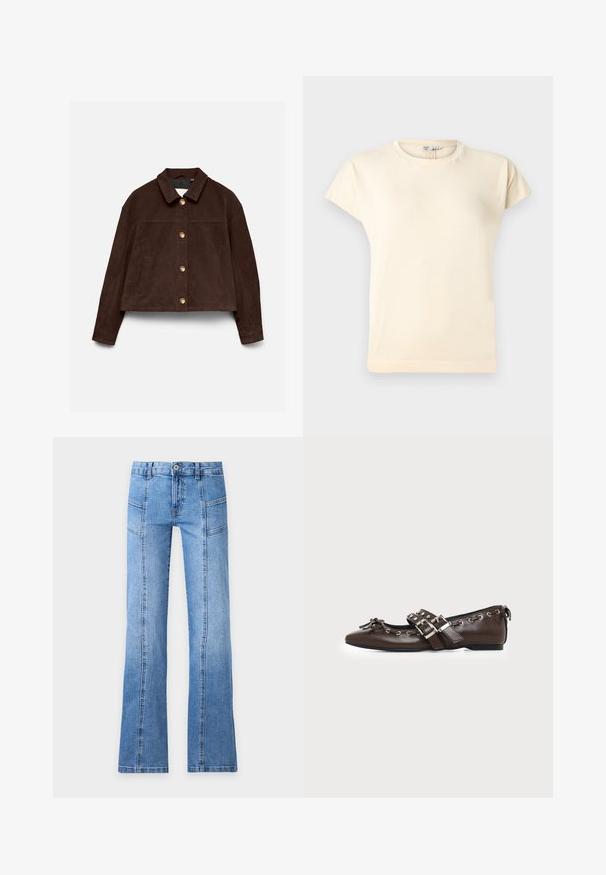 Chaqueta de ante marrón oscuro con mangas largas, cuello clásico, botones dorados delanteros y bolsillos laterales sobre un fondo claro.; Camiseta de cuello redondo y mangas cortas de color crema, con un ajuste ligeramente holgado y detalles de costura mínimos.; Vaqueros de mezclilla azul claro con tiro alto, botón delantero, cremallera, detalles en las costuras y piernas ligeramente acampanadas sobre un fondo liso.; Zapato plano de cuero marrón oscuro con puntera puntiaguda, doble hebilla plateada, ojales metálicos y lazo decorativo en la parte delantera.