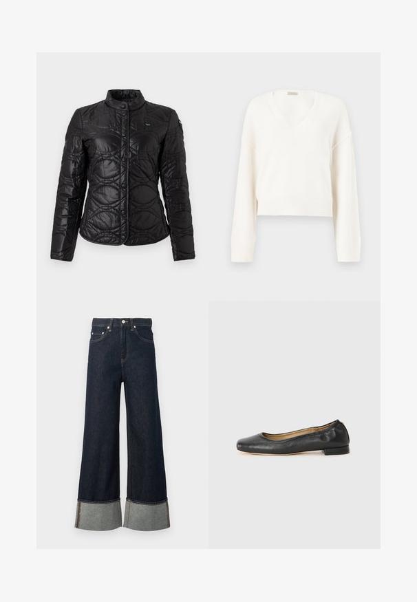 Veste matelassée légère noire avec boutons pression à l'avant, col montant, manches longues et motif de coutures circulaires discrètes.; Pull court en tricot blanc avec manches longues et col en V, présenté sur un fond neutre.; Jean denim bleu foncé à jambes larges avec revers roulés montrant un tissu intérieur plus clair et une fermeture par bouton argenté.; Ballerines en cuir noir avec un bout arrondi et des coutures minimales. Talon bas et rectangulaire avec une texture lisse. Détails subtils de doublure intérieure.