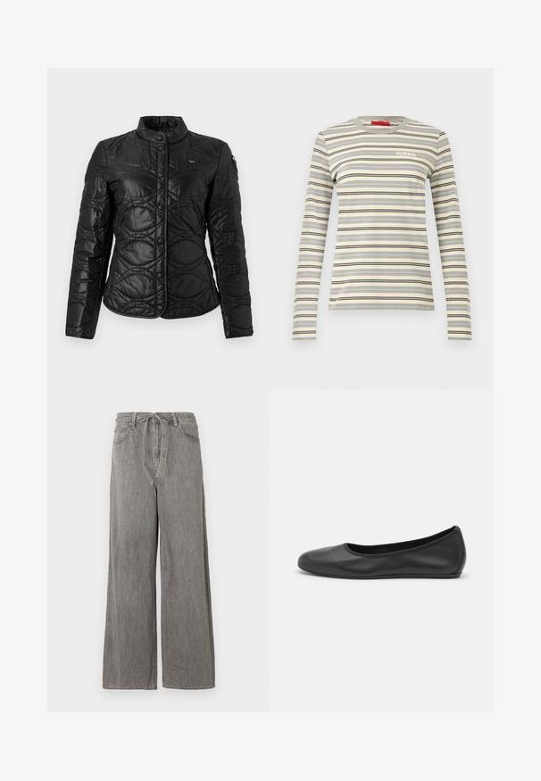 Veste matelassée légère noire avec boutons pression à l'avant, col montant, manches longues et motif de coutures circulaires discrètes.; T-shirt à manches longues avec col rond, rayures horizontales beige, grises, noires et jaunes, et petit logo blanc "MAX&Co." sur la poitrine.; Pantalons en denim gris à jambe large avec une taille haute, dotés d'un cordon de serrage, de deux poches avant et d'un subtil détail de couture.; Ballerines en cuir noir avec un bout rond, texture lisse, détails de couture minimalistes et design de semelle flexible.