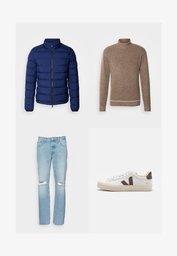 Tummansininen puffatakki, jossa on korkea kaulus, vaakasuora tikkauskuvio, etuvetoketju ja joustavat hihansuut. Silkkinen pinta, kevyt eristys.; INDICODE JEANS Neule - otter; Only & Sons ONSEDGE - Loose fit -farkut - light blue denim; Valkoiset nahkakengät vaaleanbeigeillä kumipohjilla. Varustettu ruskealla mokkanahalla V-logolla ja kantapäällyksellä. Nauhakiristys, jossa on karhea pinta.