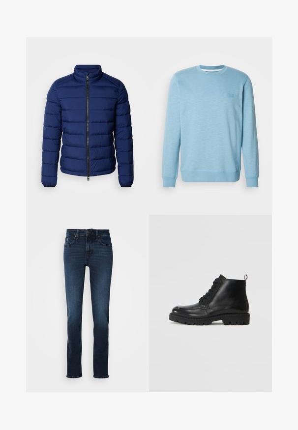 Marineblaue Steppjacke mit hohem Kragen, horizontaler Steppung, Frontreißverschluss und elastischen Bündchen. Glatte Textur, leichte Isolierung.; Hellblaues Sweatshirt aus Baumwollmischung, mit Rundhalsausschnitt, langen Ärmeln, gerippten Bündchen und einem subtilen strukturierten Muster.; Dunkelblaue Jeans im Denim-Stil mit geradem Schnitt, fünf Taschen, Vorderknopfverschluss und subtilen Verblassungen an den Oberschenkeln.; Schwarze Leder Stiefeletten mit runder Zehe, Schnürverschluss und strukturiertem Gummisohle. Mit einer Ziehlasche an der Ferse für einfaches Anziehen.