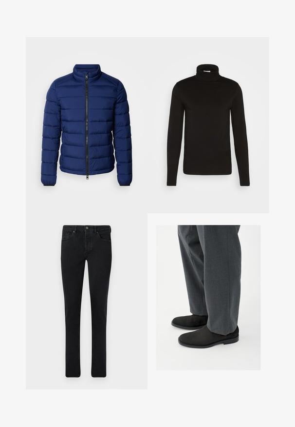 Tummansininen puffatakki, jossa on korkea kaulus, vaakasuora tikkauskuvio, etuvetoketju ja joustavat hihansuut. Silkkinen pinta, kevyt eristys.; Musta poolkaelusega, pika varrukaga särk, mis on valmistatud sujuvast kangast, sobitatud disainiga ja kõrge, tiheda kraega. Mustrid või aktsendid puuduvad.; Tummat farkut, joissa on slim fit -leikkaus, viisi taskua ja metallinappi. Sileä pinta ja tasainen väri kauttaaltaan.; Mustat mokkanilkkurit, joissa on sileä pinta, pyöristetty kärki ja matala korko, yhdistetty räätälöityihin harmaisiin housuihin, joissa on hienovarainen kuvio.