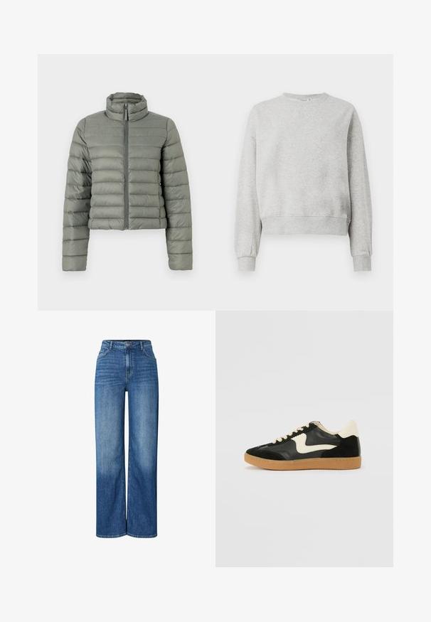 Doudoune en vert atténué, avec un col haut, une fermeture éclair et un matelassage horizontal pour l'isolation. Design court et ajusté.; Sweatshirt gris en tissu doux, avec un col rond, des poignets côtelés et une coupe courte. Texture lisse avec des détails de design minimaux.; Jeans en denim bleu à jambe large avec taille haute, présentant des zones décolorées, un design traditionnel à cinq poches et une fermeture à bouton à l'avant.; Baskets en daim et cuir noir avec un swoosh latéral crème et un talon crème clair. Dotées de lacets beige et d'une semelle en caoutchouc gomme.