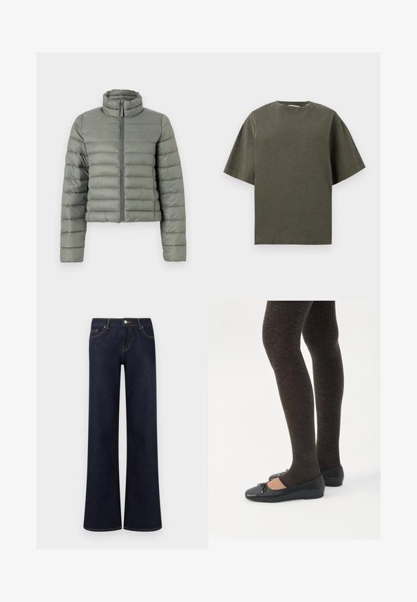 Doudoune en vert atténué, avec un col haut, une fermeture éclair et un matelassage horizontal pour l'isolation. Design court et ajusté.; T-shirt vert olive à manches courtes avec un col rond et une coupe décontractée, présenté sur un fond gris clair uni.; Jean en denim bleu foncé à jambes larges avec poches avant, fermeture par bouton et fermeture éclair, et coutures contrastantes visibles.; Jambes portant des leggings côtelés foncés associés à des ballerines noires avec de petits détails en nœud sur fond blanc.