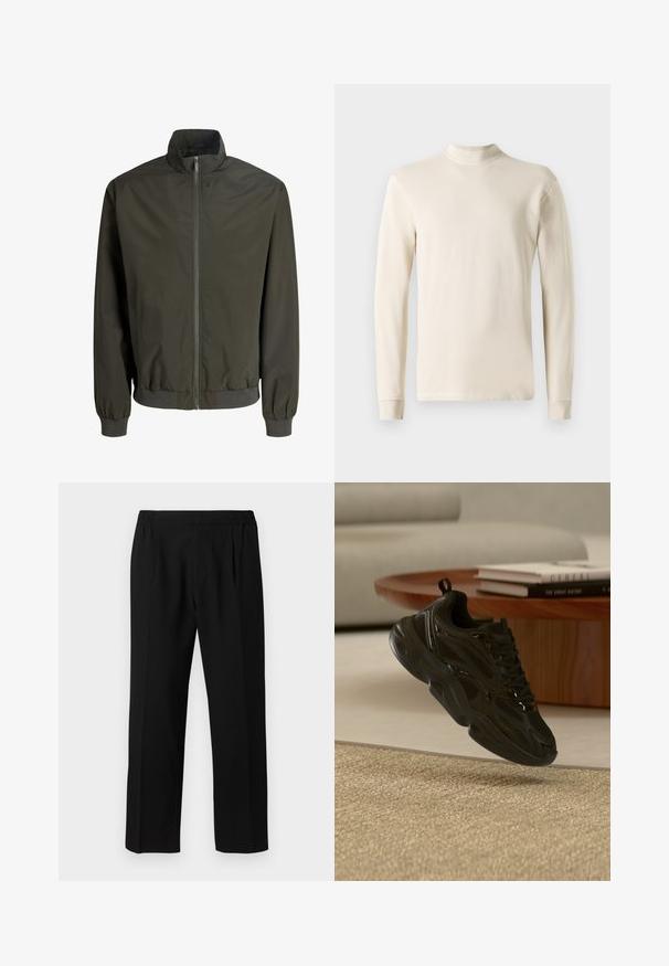 Dark green men's bomber jacket with front zipper, ribbed cuffs and hem, and a stand-up collar.; Long-sleeve cream turtleneck shirt made of soft cotton fabric, featuring a fitted design and ribbed neckline with straight cut hems.; Black trousers made of a smooth fabric, featuring an elastic waistband, straight leg design, and two front pleats for added detail.; Black chunky sneaker with mesh and shiny details floating above beige carpet, round wooden coffee table with books in background.
