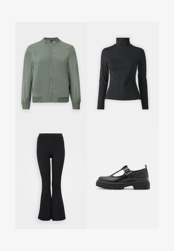 Veste bomber vert clair avec fermeture éclair à l'avant, col, poignets et ourlet côtelés, présentée sur un fond uni.; Even&Odd Petite T-shirt à manches longues - black; Leggings noires évasées en matériau extensible. Dotés d'une taille haute et d'une texture lisse. Se terminent par un ourlet évasé.; Chaussure en simili cuir noir avec texture crocodile, bout arrondi, bride à la cheville avec boucle métallique et semelle en caoutchouc épaisse.