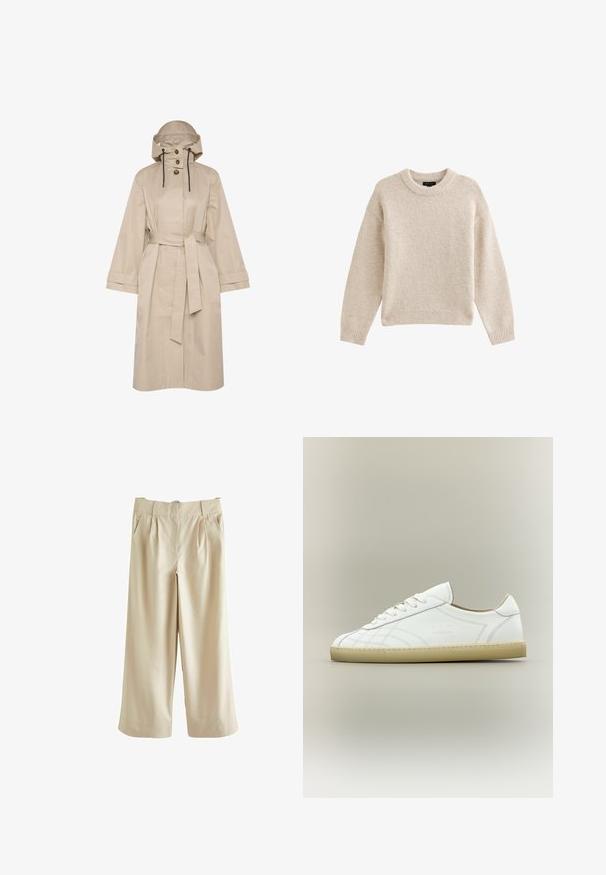 Beige waterdichte trenchcoat met een riem, grote capuchon, knoopsluiting met twee knopen en brede mouwen. Soepele textuur met een schoon, minimalistisch ontwerp.; Beige gebreide trui met een ronde halslijn, lange mouwen en geribbelde zoom. Gelaagd stof met een zachte uitstraling. Eenvoudig en veelzijdig ontwerp.; Next SMART WIDE LEG - Broek - stone; Witte lage leren sneaker met beige zool, vetersluiting en subtiele gestikte patronen op een neutrale achtergrond.