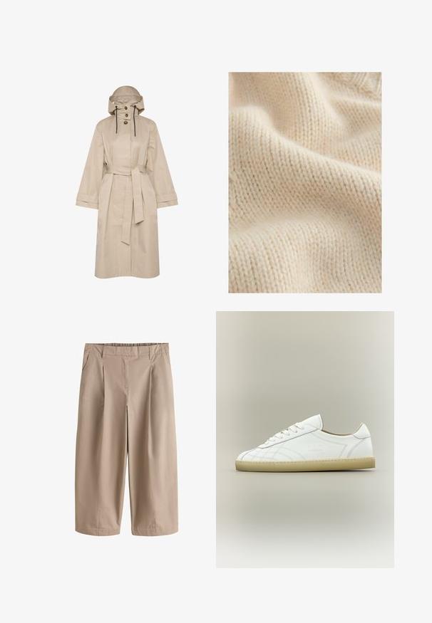 Beige waterdichte trenchcoat met een riem, grote capuchon, knoopsluiting met twee knopen en brede mouwen. Soepele textuur met een schoon, minimalistisch ontwerp.; Crème-kleurige gebreide stof met een tekstuur, zachte oppervlakte en zichtbare stikpatronen, met lichte variaties in dikte.; Beige broek met wijde pijpen, cropped lengte, voorplooien, zijzakken, ceintuurlussen en een aangesloten tailleband.; Witte lage leren sneaker met beige zool, vetersluiting en subtiele gestikte patronen op een neutrale achtergrond.