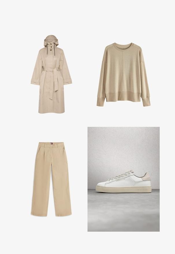 Bež veekindel trench coat vööga, suure kapuutsiga, kahe nupuga kinni pandud ja laia varrukaga. Sile tekstuur ja puhas, minimalistlik disain.; Beez värviga kootud sviiter lõdva lõikega, ribikantide ja alläärega, ümmarguse kaelusega ja langenud õlgadega. Pehme tekstuur minimaalsete õmblustega.; Beežid sirgete sääreosadega püksid ees volditud, küljetaskud, vöötrukid ja väike logomärgistusega sild vöö sees.; Valge nahast toss, millel on sile pind, beežist seemisnahast aktsendid, ümar nina, lame puuvillane pael ja tekstuuriga kummitald.
