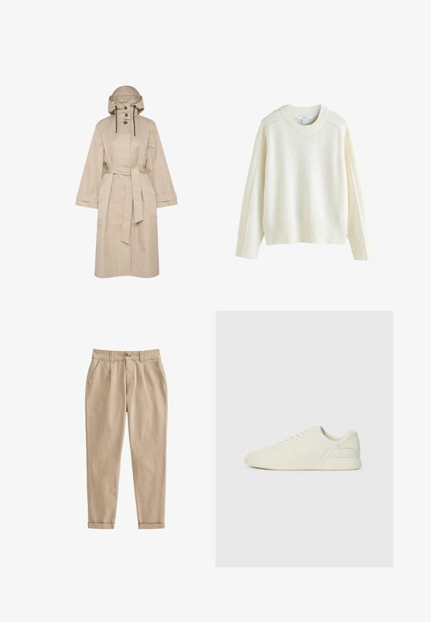 Beige waterdichte trenchcoat met een riem, grote capuchon, knoopsluiting met twee knopen en brede mouwen. Soepele textuur met een schoon, minimalistisch ontwerp.; Next CREW NECK - Trui - ecru; Beige chino's van lichtgewicht katoenstof. Heeft een taps toelopende pijp, voorplooien, zijzakken en opgerolde mouwen. Geborstelde textuur.; Witte leren sneaker met ronde neus, vetersluiting aan de voorkant, minimalistisch ontwerp en subtiele branding aan de zijkant. Platte rubberen zool, gladde textuur.