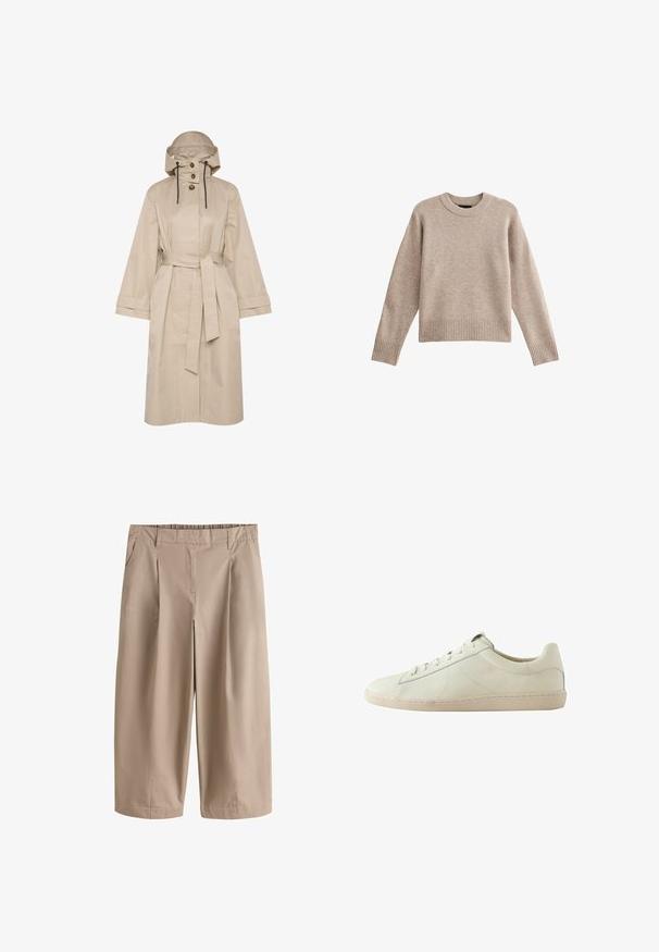 Beige waterdichte trenchcoat met een riem, grote capuchon, knoopsluiting met twee knopen en brede mouwen. Soepele textuur met een schoon, minimalistisch ontwerp.; Beige gebreide trui met een ronde hals, ribgebreide mouwen en boord. De stof heeft een zachte textuur met een subtiel patroon. Ontspannen pasvorm.; Beige broek met wijde pijpen, cropped lengte, voorplooien, zijzakken, ceintuurlussen en een aangesloten tailleband.; Witte leren lage sneaker met een textuur oppervlak, vetersluiting en een beige rubberen zool, zijaanzicht op een witte achtergrond.