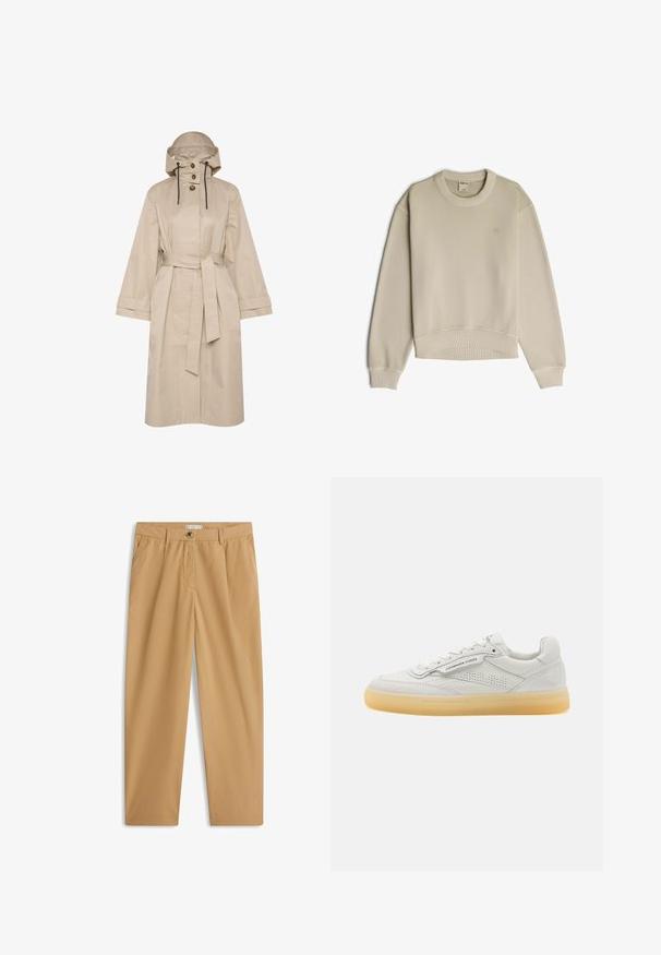 Beige waterdichte trenchcoat met een riem, grote capuchon, knoopsluiting met twee knopen en brede mouwen. Soepele textuur met een schoon, minimalistisch ontwerp.; Beige crewnecktrui met lange mouwen, geribde boorden en zoom en subtiel logo op de borst, plat gelegd op een witte achtergrond.; Beige casual rechte broek met zijzakken, riemlussen, knoopsluiting en ritssluiting.; Witte leren sneaker met geperforeerde accenten, ronde neus en een crèmekleurige rubberen zool. Bevat tonale stiksels en een minimalistisch ontwerp.