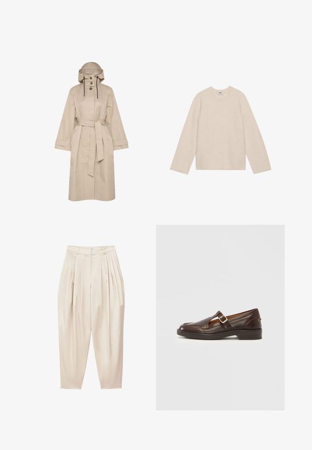 Vedenkestävä beigen värinen trench-takki, jossa on vyö, suuri huppu, kaksinappinen sulku ja leveät hihat. Sujuva pinta puhtaalla, minimalistisella muotoilulla.; Vaaleanbeige pitkähihaine neulepaita, joka on valmistettu pehmeästä materiaalista. Ominaisuuksina ovat pyöreä kaula-aukko ja rento leikkaus, ribattu hihansuu ja helma.; Beiget, korkeavyötäröiset, laskostetut housut, joissa kapeutuvat lahkeet ja vetoketjusuljenta edessä.; Ruskea nahkakenkä pyöreällä kärjellä, leikkauksin koristeltu ja hopealukolla varustettu remmi. Matala, kiinteä musta korko koristeompelein.