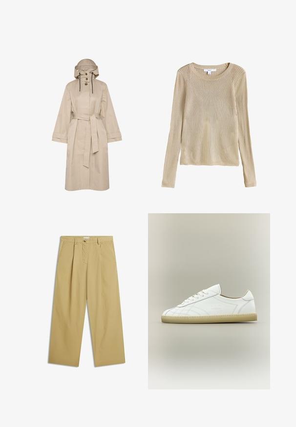 Beige waterdichte trenchcoat met een riem, grote capuchon, knoopsluiting met twee knopen en brede mouwen. Soepele textuur met een schoon, minimalistisch ontwerp.; Beige geribbelde lange mouw gebreide trui met ronde hals en slim fit, plat weergegeven met label zichtbaar bij de kraag.; Beige wijde broek met voorplooien, zijzakken, broeklussen en knoopsluiting in de taille.; Witte lage leren sneaker met beige zool, vetersluiting en subtiele gestikte patronen op een neutrale achtergrond.