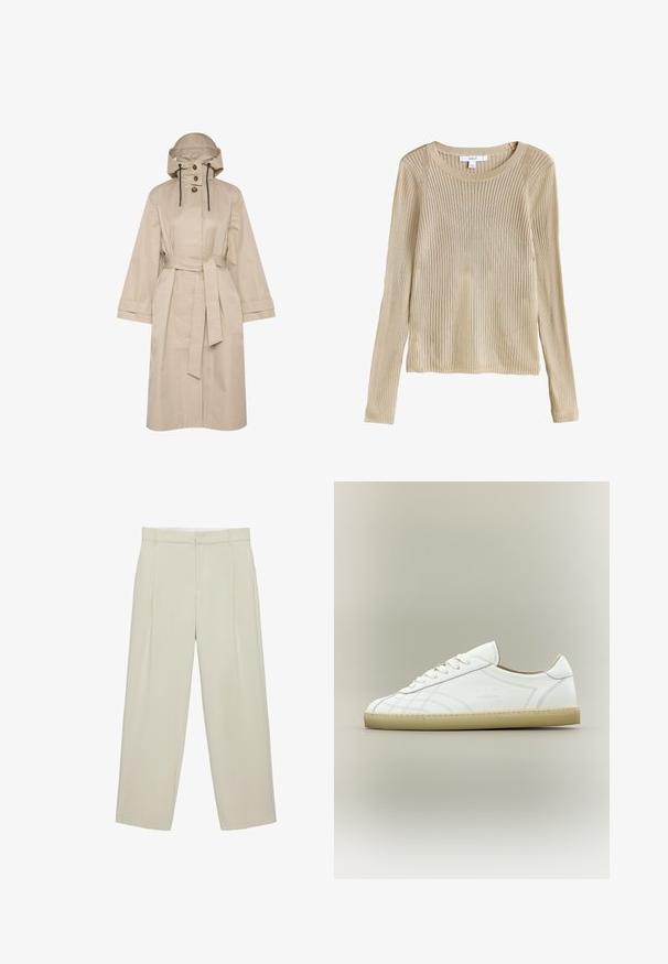 Beige vandtæt trenchcoat med bælte, stor hætte, to-knaps lukning og brede ærmer. Glat tekstur med et rent, minimalistisk design.; Beige ribstrikket langærmet sweater med rund halsudskæring og slim fit, vist fladt med synligt mærke ved kraven.; Beige højtaljede skræddersyede bukser med sidelommer, bæltestropper og lynlås foran, i en rette bukseben pasform.; Hvid lavtop lædersneaker med beige sål, snøredesign og subtile syede mønstre på neutral baggrund.