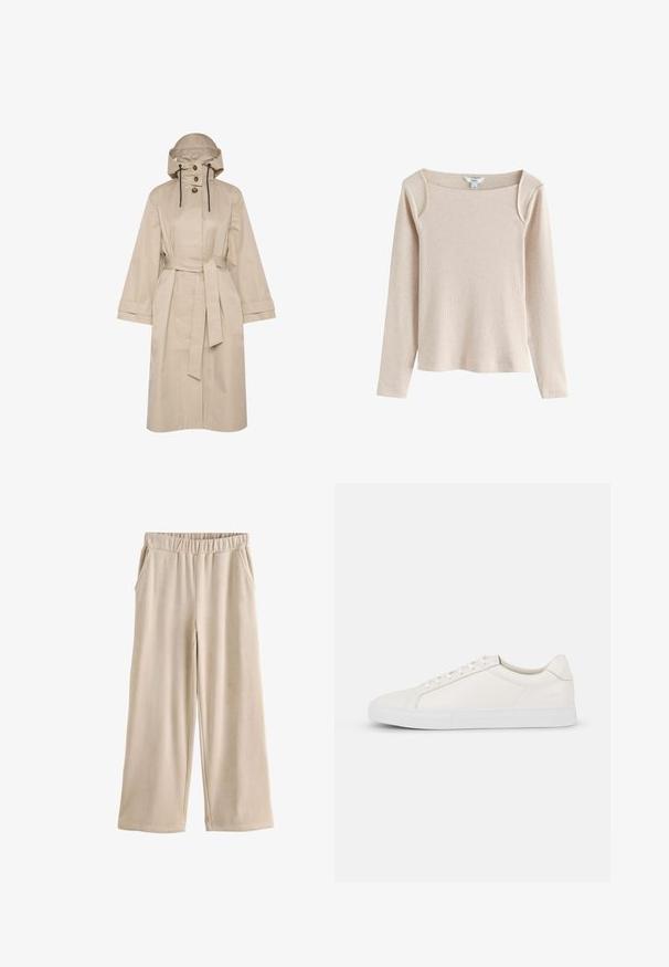 Beige waterdichte trenchcoat met een riem, grote capuchon, knoopsluiting met twee knopen en brede mouwen. Soepele textuur met een schoon, minimalistisch ontwerp.; Beige ribgebreide top met lange mouwen, vierkante halslijn en lichte schouderdetails, getoond op een witte achtergrond.; Beige wijde corduroy broek met elastische tailleband en zijzakken, plat weergegeven op een witte achtergrond.; Witte leren sneaker met een gladde textuur, ronde neus, vetersluiting aan de voorkant en een platte rubberen zool. Eenvoudig ontwerp zonder patronen of accenten.