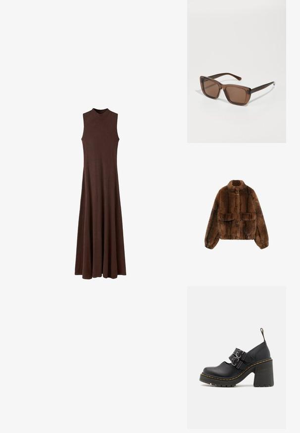 Braune Kunstpelzjacke mit hohem Kragen, zwei Vordertaschen und elastischem Bund sowie Ärmeln, die eine weiche, strukturierte Oberfläche aufweist.; Braunes ärmelloses Maxikleid mit hohem Halsausschnitt, aus weichem, dehnbarem Stoff gefertigt und mit einer lockeren, fließenden Silhouette.; Schwarze High Heels mit einer strukturierten Sohle, ausgestattet mit zwei silbernen Schnallen, gelben Nähten und einer Schlaufe hinten für einfaches Anziehen.; Braune rechteckige Sonnenbrillen mit dunkel getönten Gläsern, einem transparenten braunen Rahmen und leicht strukturierten Bügeln.
