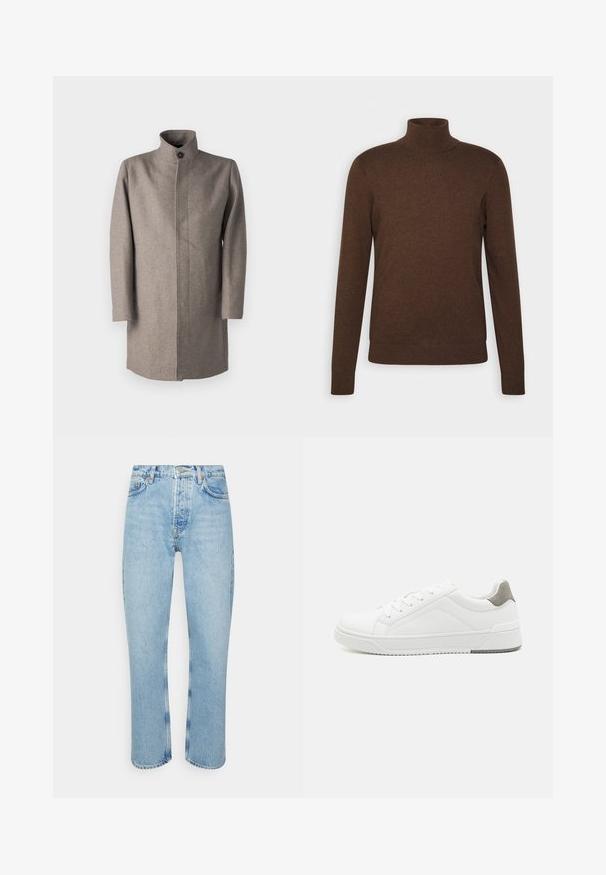 Lysbrun uldfrakke med høj krave, frontlukning med knapper og lige snit. Har lange ærmer og en ren syningdesign.; Brun turtleneck sweater lavet af blødt materiale, med lange ærmer, en tætsiddende pasform, samt ribbede detaljer ved kraven og kanten.; Lyseblå denimjeans med lige snit, høj talje, fem-lomme design og synlige strikdetaljer ved sømmene og sømmen.; Hvid sneaker lavet af glat læder, rund tå, minimalistisk design, grå hælafsats og tekstureret gummisål.