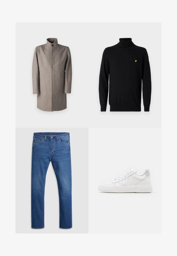 Lysbrun uldfrakke med høj krave, frontlukning med knapper og lige snit. Har lange ærmer og en ren syningdesign.; Sort turtleneck sweater lavet af blødt stof, med lange ærmer og et lille gult logo på venstre brystområde. Fladstrikket tekstur.; Blå lige jeans med frontknap og lynlås, fem lommer, og let falmning på lårene, vist fladt på en lys baggrund.; Hvide lædersneakers med en glat finish, rund tå, flade snørebånd og en struktureret sål. Grå ruskindsdetalje ved hælen.