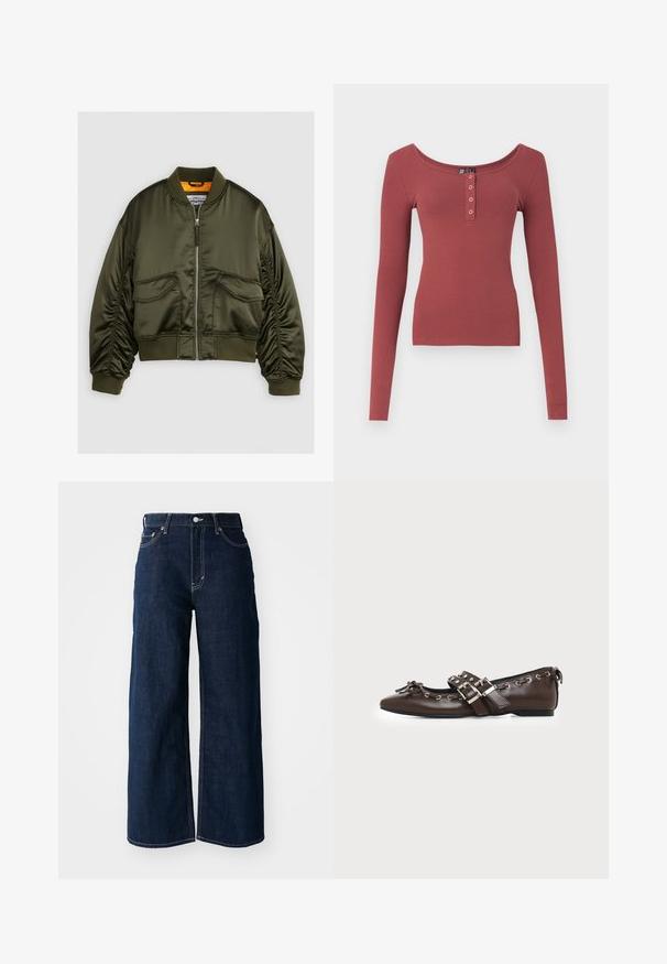 Veste bomber vert olive en satin, avec un zip à l'avant, des poignets côtelés et deux poches avant. Accentuée d'une doublure orange.; Chemise à manches longues côtelée rose poussiéreux avec un col en scoop et quatre boutons-pression en argent sur le patte de boutonnage, présentée à plat sur fond blanc.; Jeans en denim bleu foncé à jambes larges avec des coutures contrastées, un design à cinq poches et une fermeture à bouton à la taille.; Chaussure plate en cuir marron foncé avec bout pointu, doubles brides à boucles argentées, œillets métalliques et nœud décoratif à l'avant.