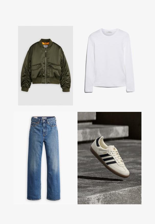 Veste bomber vert olive en satin, avec un zip à l'avant, des poignets côtelés et deux poches avant. Accentuée d'une doublure orange.; T-shirt blanc à manches longues en coton côtelé, avec un col rond et un ourlet droit. Design simple sans motifs ni accents.; Jean en denim bleu clair avec une taille haute, une coupe à jambes larges, un style classique à cinq poches et un léger délavage sur le tissu.; Baskets blanches Adidas Samba avec des bandes noires et une semelle en gomme, flottant au-dessus de marches en béton gris texturé.
